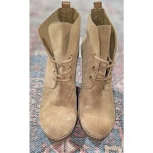 TORY BURCH Vicki Womens 7.5 Booties Wedge Platform Ankle Boots Camel Brown Suede